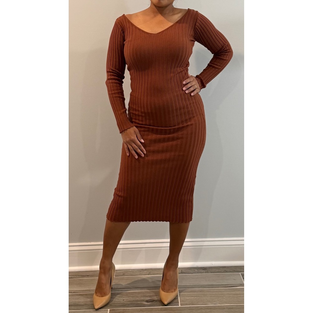 Unbranded Ribbed Knit Midi Dress Medium Rust Brown V-Neck Bodycon Long Sleeve